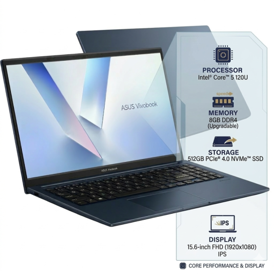 Laptop ASUS Vivobook 15 (F1504VA), Intel® Core™ 5 120U Processor, 16GB (Customized) DDR4, 512GB SSD, Wi-Fi 6, Bluetooth 5.2, Fingerprint - Quiet Blue