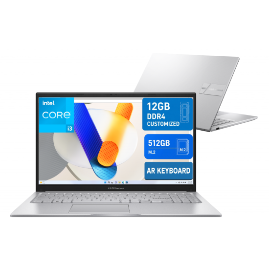 Laptop ASUS Vivobook 15 (F1504VA) |Intel® Core™ i3-1315U Processor, 12GB DDR4 (Customized), 512GB SSD, 15.6" FHD IPS | 13th Generation - Cool Silver