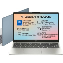 HP AI Business Laptop 15-fd0099nq, Intel Core 7 150U 5.4GHz 10 Cores, 16GB DDR5, 1TB PCIe SSD, 15.6" FHD, WiFi 6, BT 5.4 - Moonlight Blue, Natural Silver