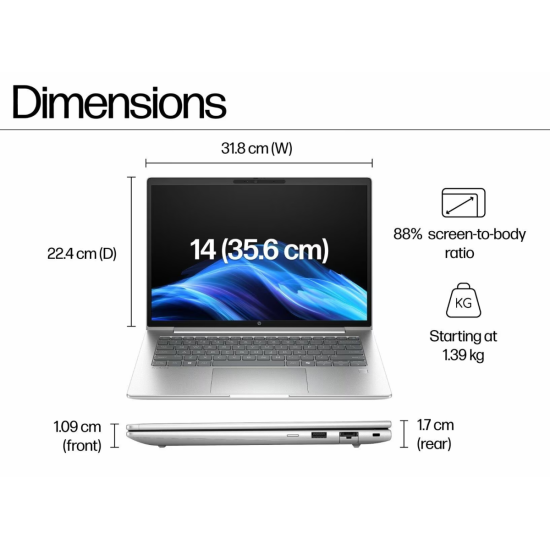 HP ProBook 4 G1iR 14" Notebook PC – Intel Core 5 120U Processor, 16GB DDR5 RAM, 512GB SSD Storage, FHD+ IPS Display, Wi‑Fi 6E, Ethernet RJ‑45, Pike Silver Aluminum, Business Laptop | CT1D3AT