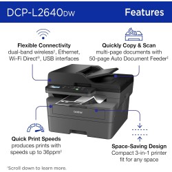Brother DCP‑L2640DW Monochrome Wireless Multifunction Laser Printer with Auto Duplex, 50‑Sheet ADF, Mobile Printing via Brother iPrint&Scan, Fast Speeds up to 34 ppm, Compact Office MFP | DCP‑L2640DW