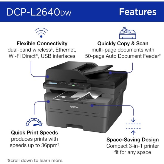 Brother DCP‑L2640DW Monochrome Wireless Multifunction Laser Printer with Auto Duplex, 50‑Sheet ADF, Mobile Printing via Brother iPrint&Scan, Fast Speeds up to 34 ppm, Compact Office MFP | DCP‑L2640DW