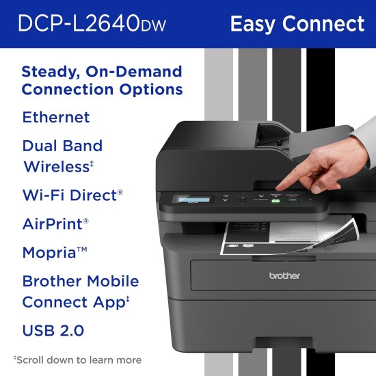 Brother DCP‑L2640DW Monochrome Wireless Multifunction Laser Printer with Auto Duplex, 50‑Sheet ADF, Mobile Printing via Brother iPrint&Scan, Fast Speeds up to 34 ppm, Compact Office MFP | DCP‑L2640DW