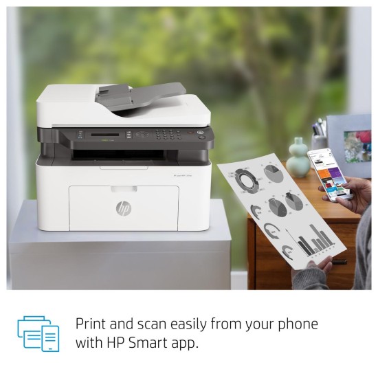 HP LaserJet 137fnw Monochrome Wireless Multifunction Printer with Fax, Self‑Healing Wi‑Fi, Mobile Printing via HP Smart App, Compact Small MFP – Print, Copy, Scan, Fax, Fast Speeds up to 21 ppm Black, 150‑Sheet Input, 128 MB RAM | 4ZB84A