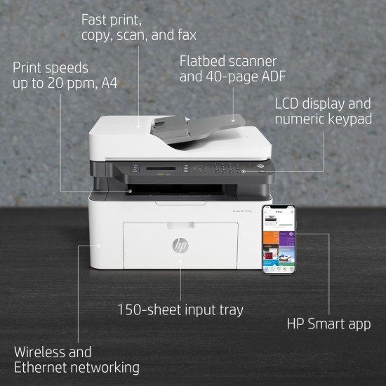 HP LaserJet 137fnw Monochrome Wireless Multifunction Printer with Fax, Self‑Healing Wi‑Fi, Mobile Printing via HP Smart App, Compact Small MFP – Print, Copy, Scan, Fax, Fast Speeds up to 21 ppm Black, 150‑Sheet Input, 128 MB RAM | 4ZB84A