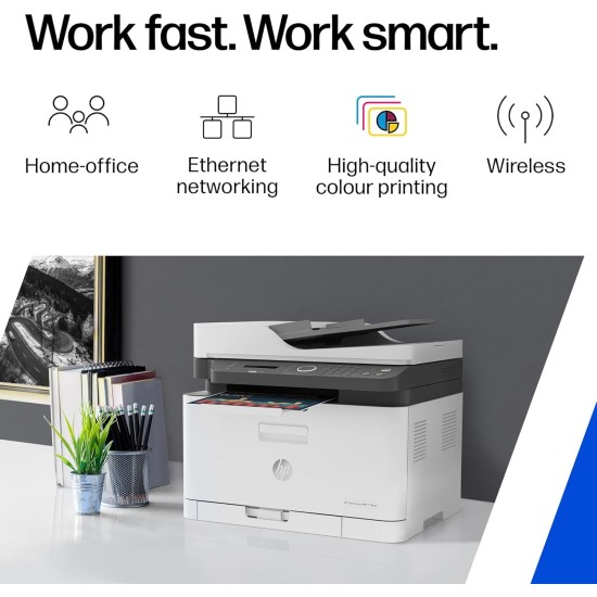 HP LaserJet 179fnw Colour Wireless Multifunction Printer with Fax, Self‑Healing Wi‑Fi, Mobile Printing via HP Smart App, Compact Small MFP – World’s Smallest in‑Class, Fast Speeds up to 19 ppm Black | 4ZB97A