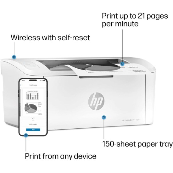 HP LaserJet M111w Monochrome Wireless Laser Printer, Compact Small MFP – Fast Speeds up to 20 ppm Black, Mobile Printing via HP Smart App, Easy Setup, Affordable Entry‑Level Laser | 7MD68A
