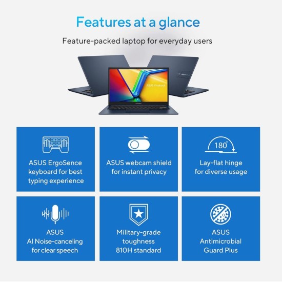 Laptop ASUS Vivobook 14, Intel Core™ i7-1355U 10-Cores Processor, 8GB DDR4, 14" FHD IPS 250nits Display, Wi-Fi 6E, Bluetooth 5.3 - Quiet Blue